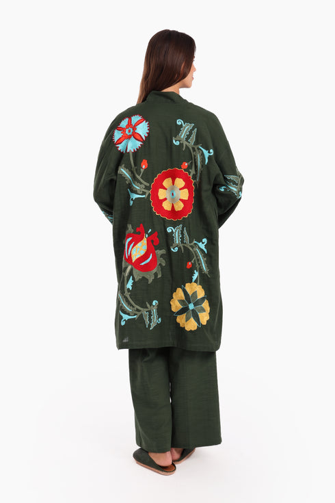 Fully embroidered short coat in cotton slub with pockets